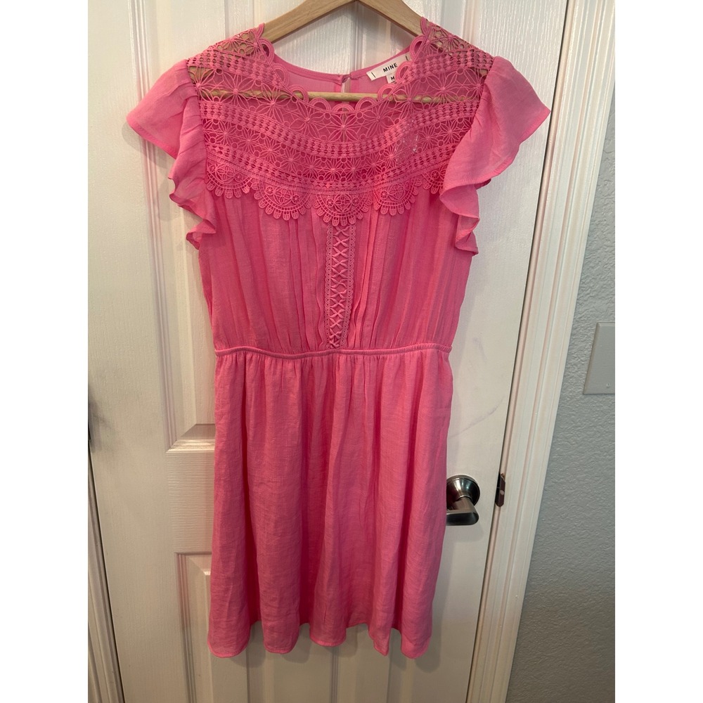 MINE‎ Mini Dress Pink Crochet Lace Yoke Flutter Sleeve Boho Summer TB7743